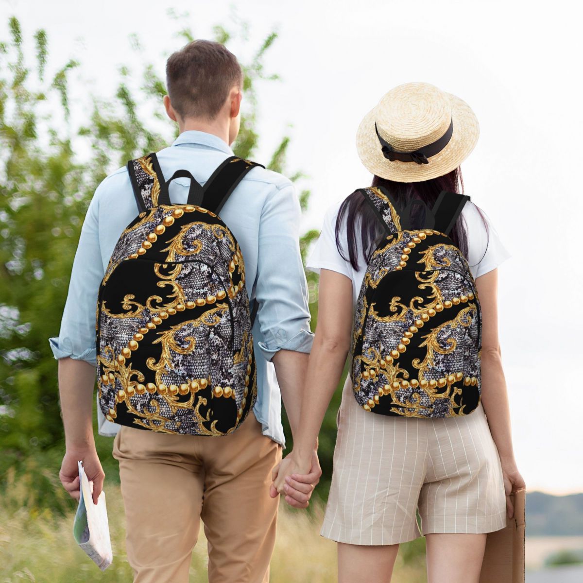 Luxury Bags Europe - 高級ゴールデンヨーロッパ花柄バロック学生バックパックスクールバッグハイキング旅行デイパック男の子女の子用ブックバッグショルダーバッグ