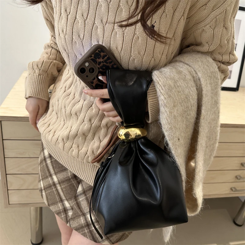 Luxury Ziploc Bags - ヴィンテージ風高級デザイナーレディース向け、名入れ可能PUソフトレザー製プリーツミニバケットバッグ、パーティーやイブニングに最適なサイドジッパー付き